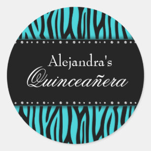 Teal Blue Zebra Diamonds Quinceanera Classic Round Sticker