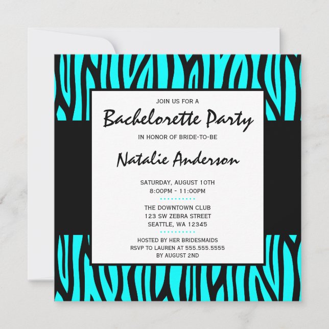 Teal Blue Zebra Modern Bachelorette Party Invitation (Front)