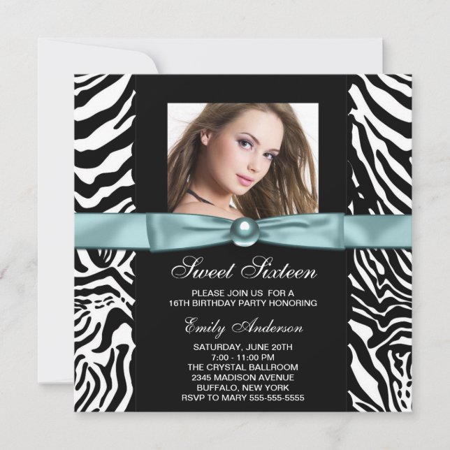 Teal Blue Zebra Photo Sweet Sixteen Birthday Party Invitation (Front)