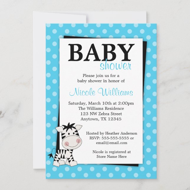 Teal Blue Zebra Polka Dot Baby Shower Invitations (Front)