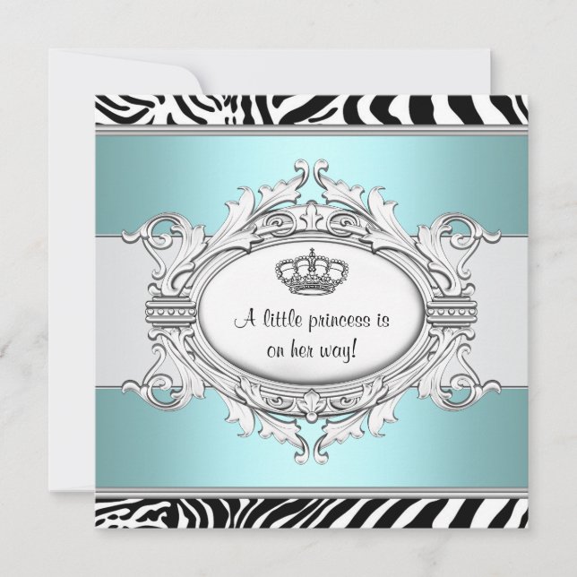 Teal Blue Zebra Princess Baby Girl Shower Invitation (Front)