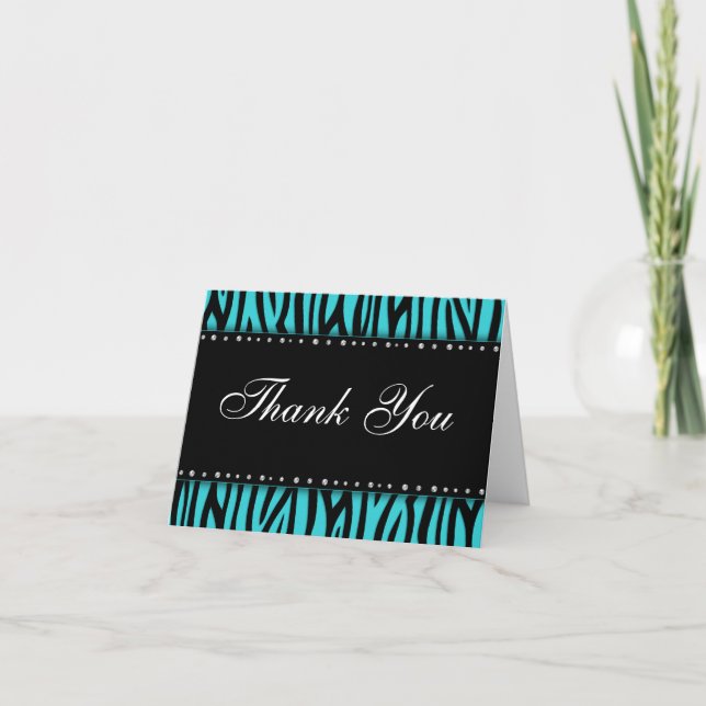 Teal Blue Zebra Printed Diamonds Thank You Card (Front)