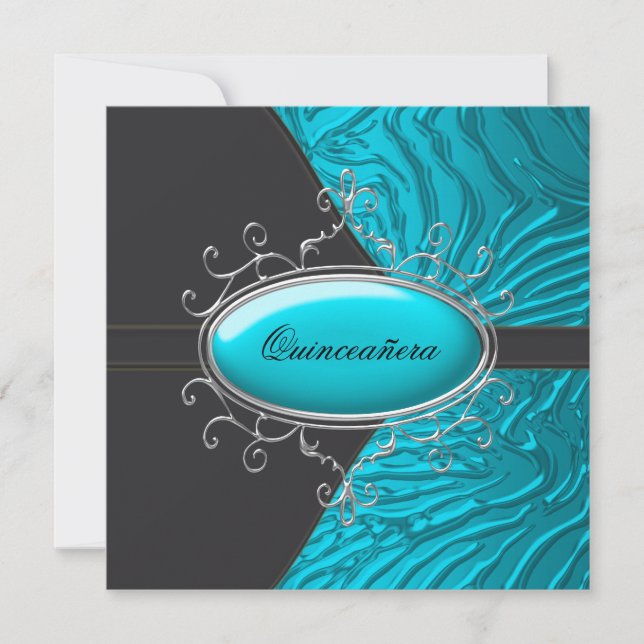 Teal Blue Zebra Quinceanera Invitations (Front)