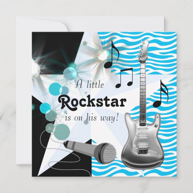 Teal Blue Zebra Rockstar Baby Boy Shower Invitation (Front)