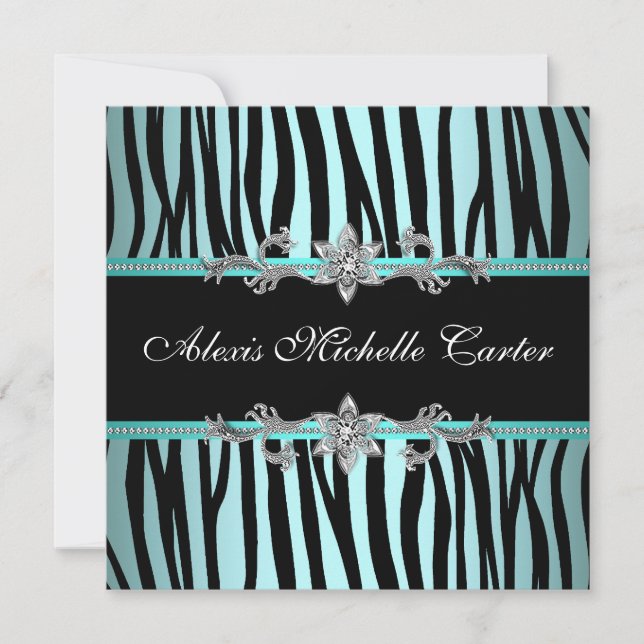 Teal Blue Zebra Sweet Sixteen Birthday Party Invitation (Front)