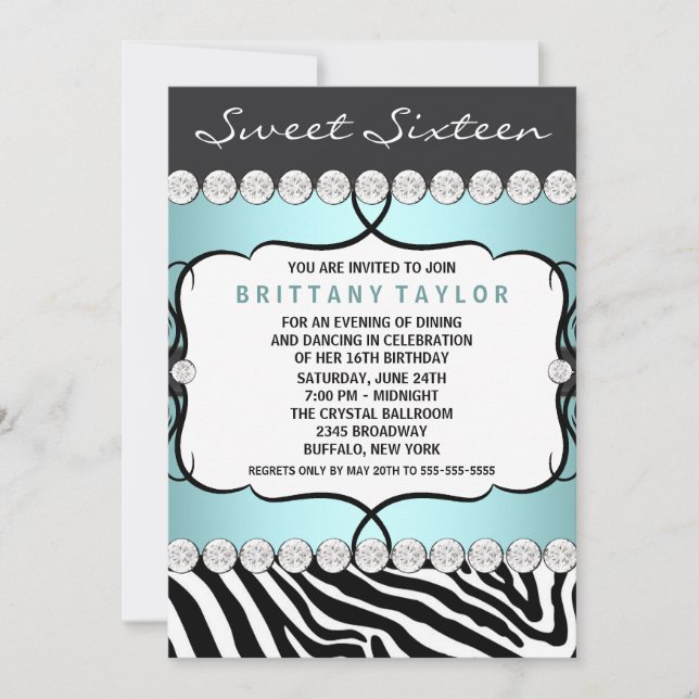 Teal Blue Zebra Sweet Sixteen Birthday Party Invitation (Front)