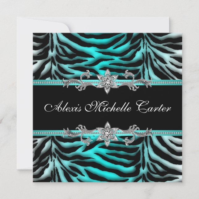 Teal Blue Zebra Sweet Sixteen Birthday Party Invitation (Front)