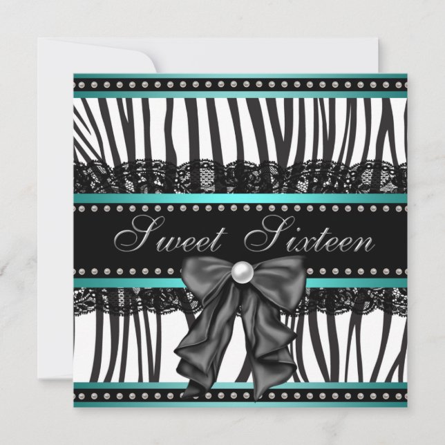 Teal Blue Zebra Sweet Sixteen Birthday Party Invitation (Front)