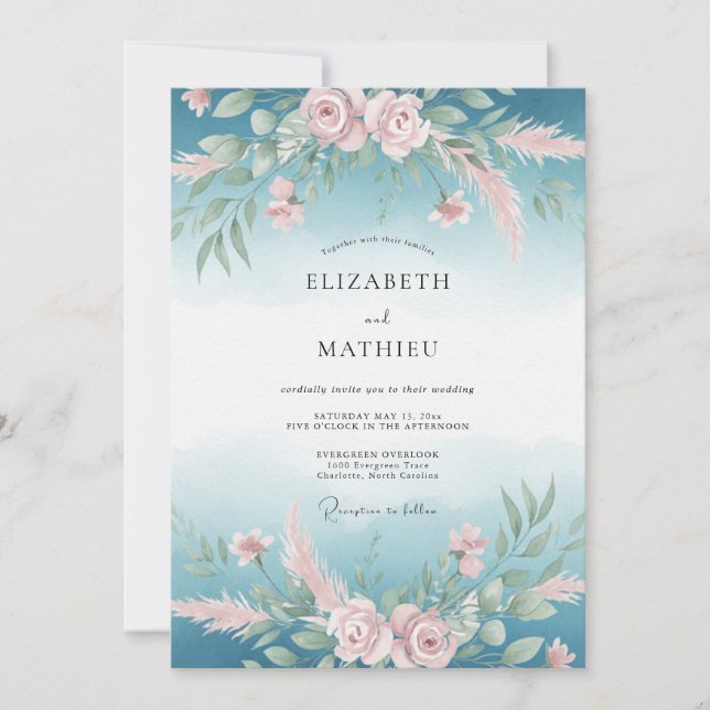 Teal Blush Floral Arrangement Wedding Invitation (Front)