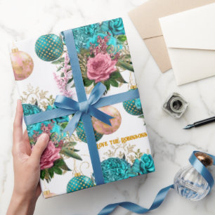 Teal & Blush Floral Elegant Personalised Christmas Wrapping Paper