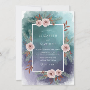 Teal Blush Leafy Wedding Invitation