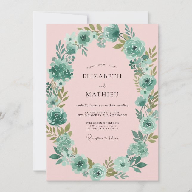 Teal Blush Petal Wedding Invitation (Front)