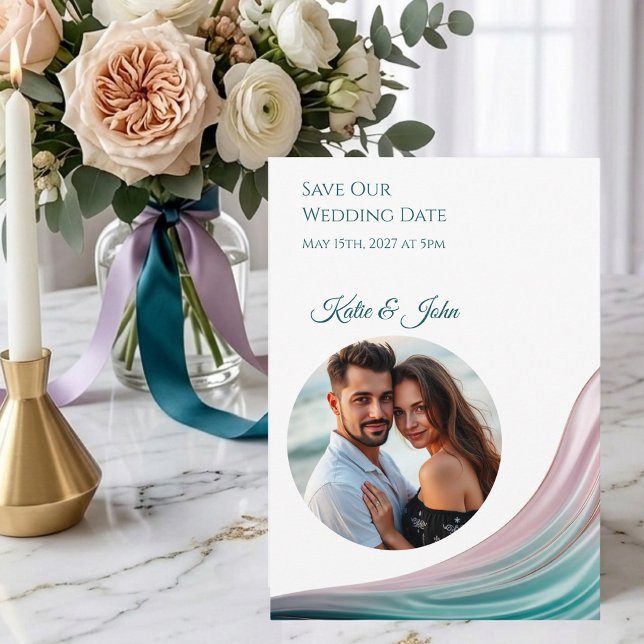 Teal & Blush Silk Wedding Save the Date with Photo (Teal & Blush Silk Wedding Save the Date with Photo )