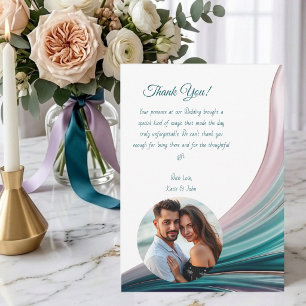 Teal & Blush Silk Wedding Thank You Card