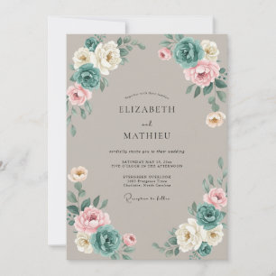 Teal Blush Taupe Floral Wedding Invitation