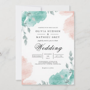 Teal Blush Wash Floral Wedding Invitation