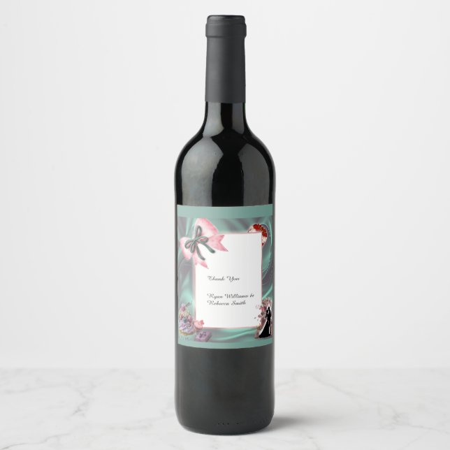 Teal & Blush Wedding Wine Bottle Label (Front)