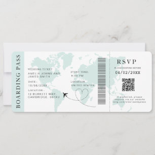 Teal Boarding Pass Destination wedding QR code  Invitation