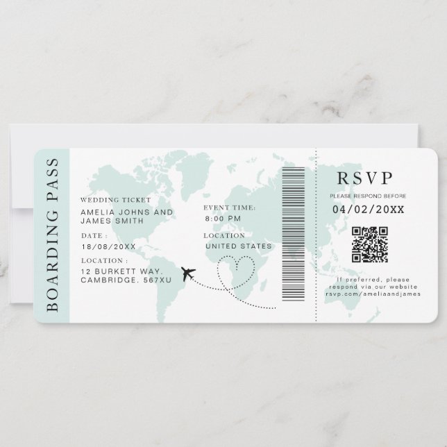 Teal Boarding Pass Destination wedding QR code  Invitation (Front)