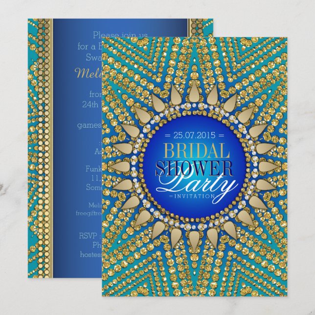 Teal Bohemian Jewels Gold Pearls Bridal Showerer Invitation (Front/Back)