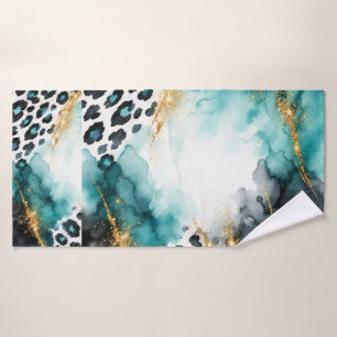 Teal Boho Animal Print, Gold Agate Gold Blue Bath Towel Set