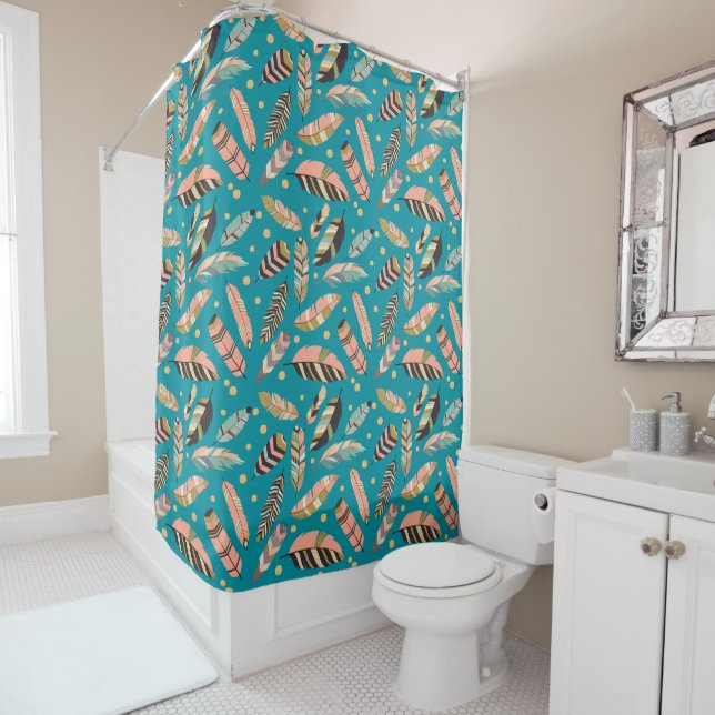 Teal Boho Feather Pattern Shower Curtain (In Situ)