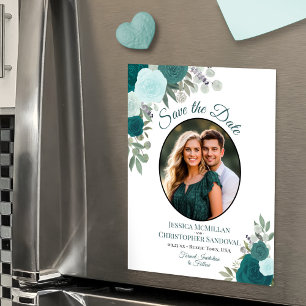 Teal Boho Floral & Photo Wedding Save the Date Magnetic Invitation
