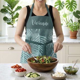 Teal Boho Tropical Leaf Apron Custom Name Monogram