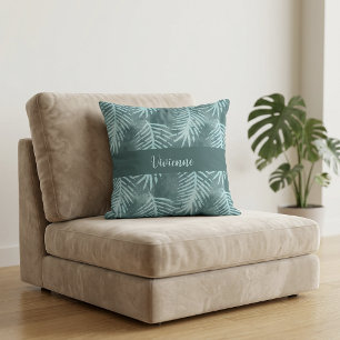 Teal Boho Watercolor Tropical Leaf Monogram Name Cushion