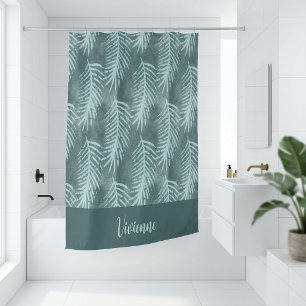 Teal Boho Watercolor Tropical Leaf Monogram Shower Curtain