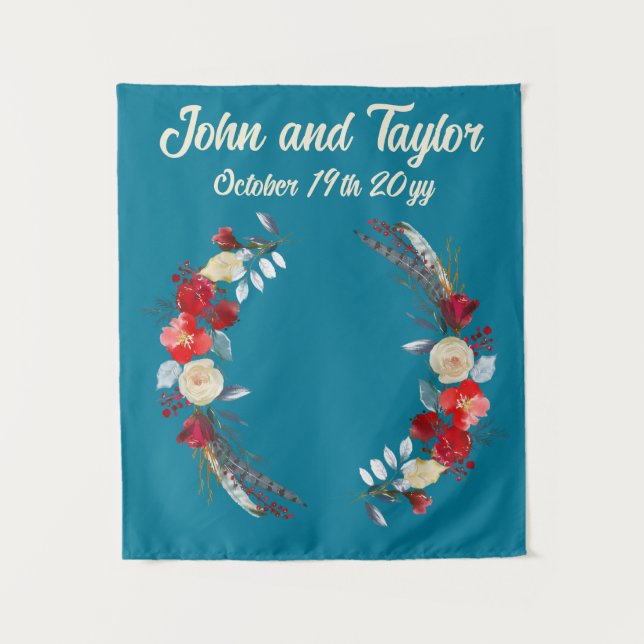 Teal Boho Wedding Backdrop Reception Photo Booth Tapestry (Front)