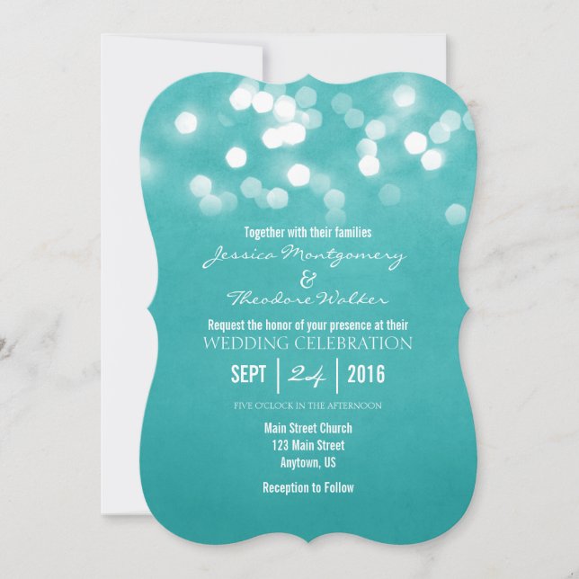 Teal Bokeh Glitter Lights Wedding Invitation (Front)