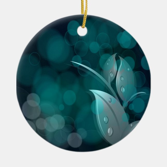 Teal Bokeh Leaves Ceramic Tree Decoration (Front)