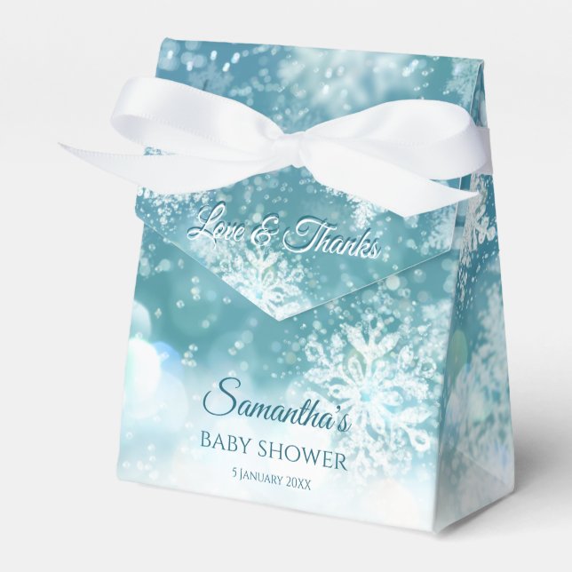 Teal bokeh snowflakes snow winter baby shower favour box (Front Side)