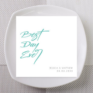Teal Bold Brush Best Day Ever Custom Wedding Napkin