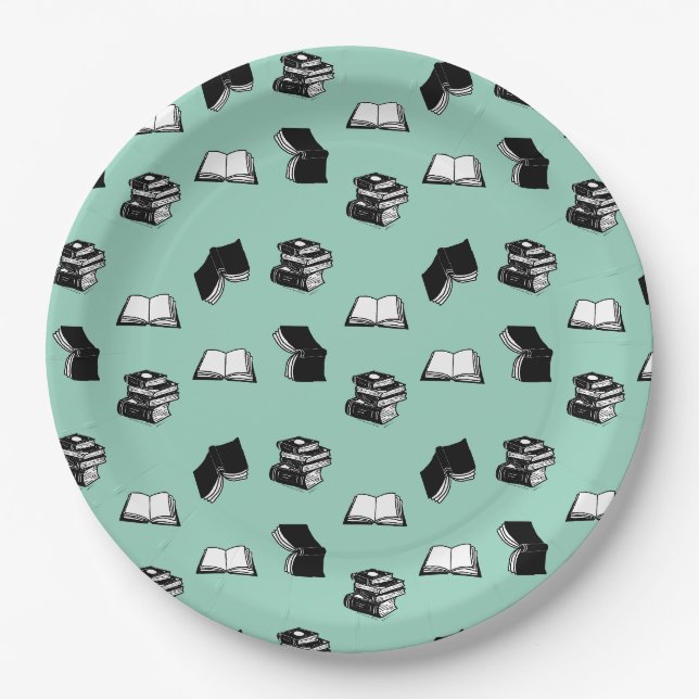 Teal Bookish Bibliophile Librarian Book Pattern Paper Plate (Front)