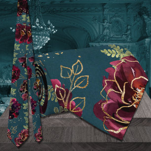 Teal Bordeaux Jewel Tone Gold Wedding Tie