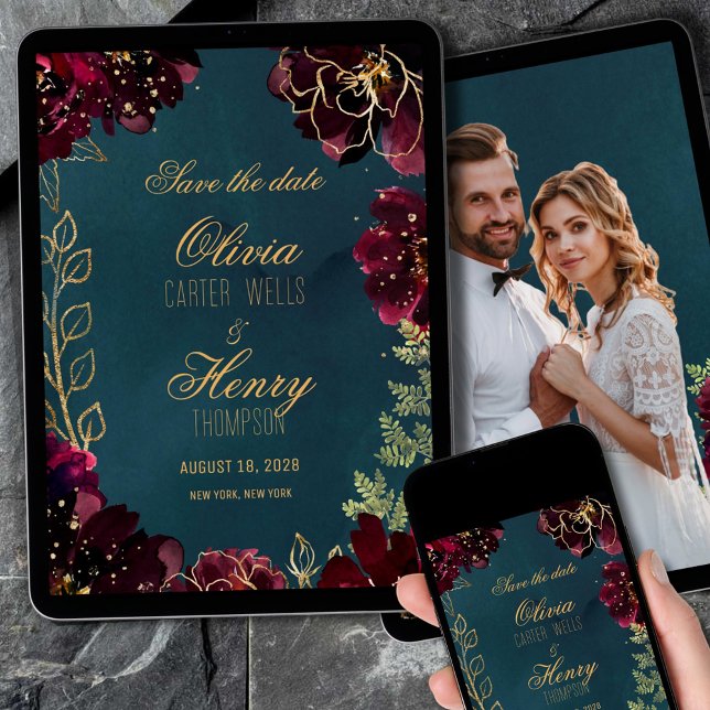 Teal Bordeaux Jewel Tone Photo Save The Date 3 Invitation (Creator Uploaded)