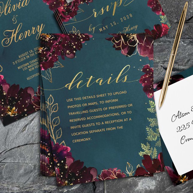 Teal Bordeaux Jewel Tone Wedding Details Sheet Enclosure Card (Teal Bordeaux Jewel Tones Wedding Details Enclosure Card. Invite, RSVP & Envelope sold separately.)