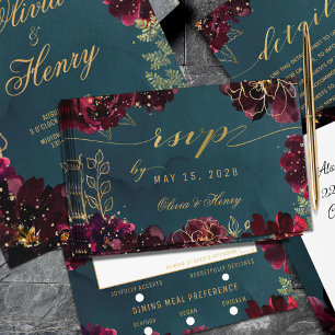 Teal Bordeaux Jewel Tone Wedding Meal Choice RSVP Card