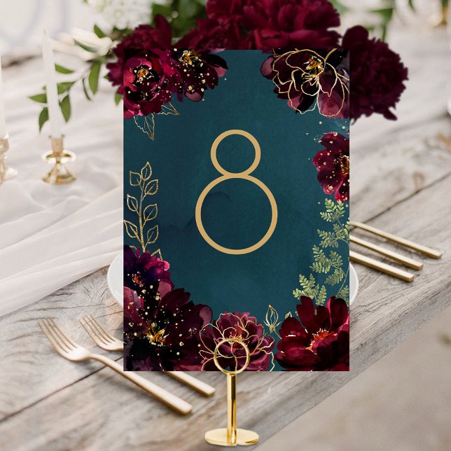 Teal Bordeaux Jewel Tone Wedding Table Number (Teal Bordeaux Jewel Tone Wedding Table Number Card)