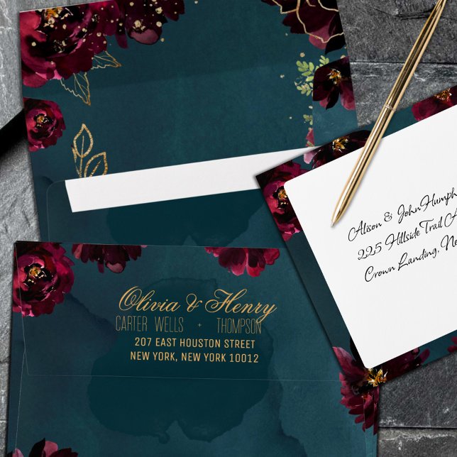 Teal Bordeaux Jewel Tones Surnames Wedding Invite Envelope (Creator Uploaded)