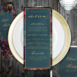 Teal Bordeaux Jewel Tones Wedding Gold Menu