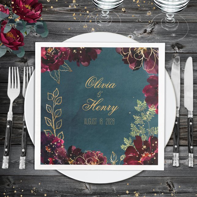 Teal Bordeaux Jewel Tones Wedding Napkin (Creator Uploaded)