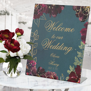 Teal Bordeaux Jewel Tones Wedding Pedestal Sign