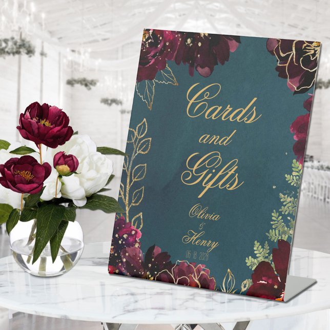 Teal Bordeaux Jewel Tones Wedding Pedestal Sign (Creator Uploaded)