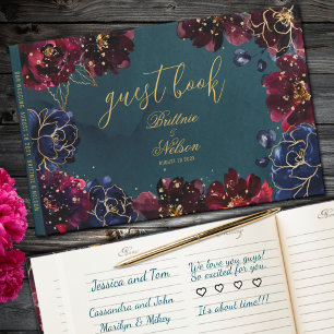 Teal Bordeaux Sapphire Jewel Tone Gold Wedding Guest Book