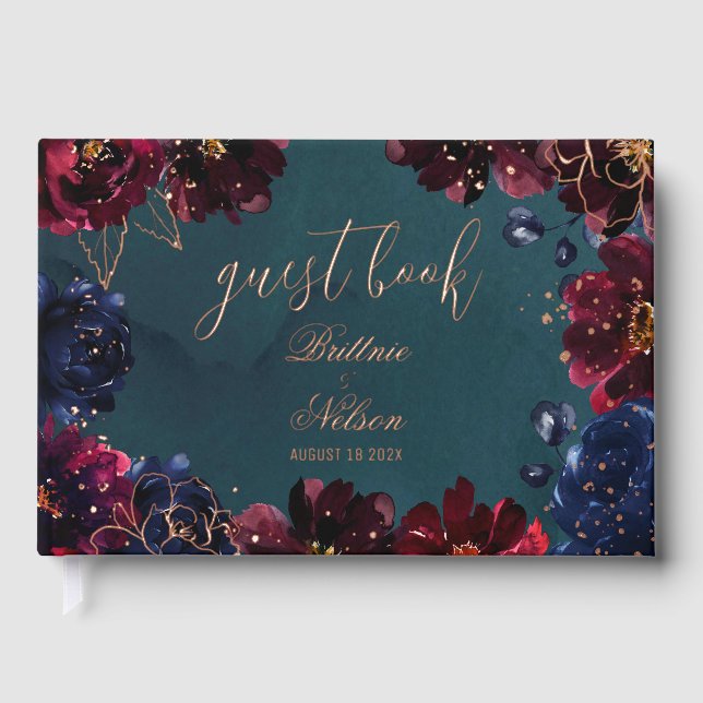 Teal Bordeaux Sapphire Jewel Tone Rose Gold Guest Book (Front)