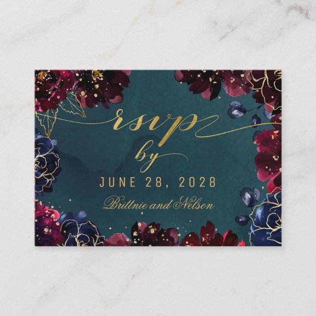 Teal Bordeaux Sapphire Jewel Tone RSVP Online Card (Front)