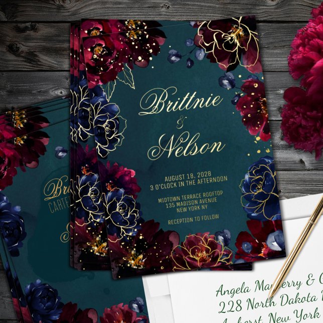 Teal Bordeaux Sapphire Jewel Tone Wedding Gold (Teal Bordeaux Sapphire Jewel Tone Wedding Gold Foil Invitation)